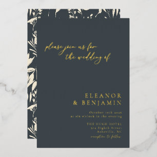 Invitation En Aluminium Mariage minimaliste bohème noir art floral or