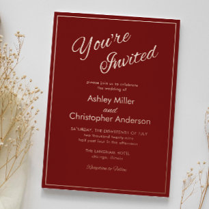 Invitation En Aluminium Mariage Minimaliste Écriture Rouge Cramoisi