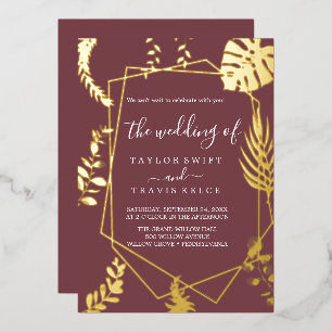 Invitation En Aluminium Mariage minimaliste feuille bordeaux et or feuille