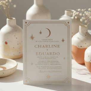 Invitation En Aluminium Mariage minimaliste Lune et Étoiles Feuille d'Or