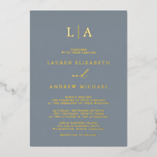 Invitation En Aluminium Mariage Minimaliste Monogramme Doré Bleu Poussiére