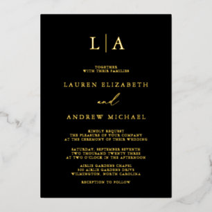 Invitation En Aluminium Mariage Minimaliste Monogramme Feuille d'Or Noir