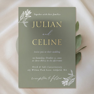 Invitation En Aluminium Mariage Minimaliste Vert Sauge Or et Verdure Blanc