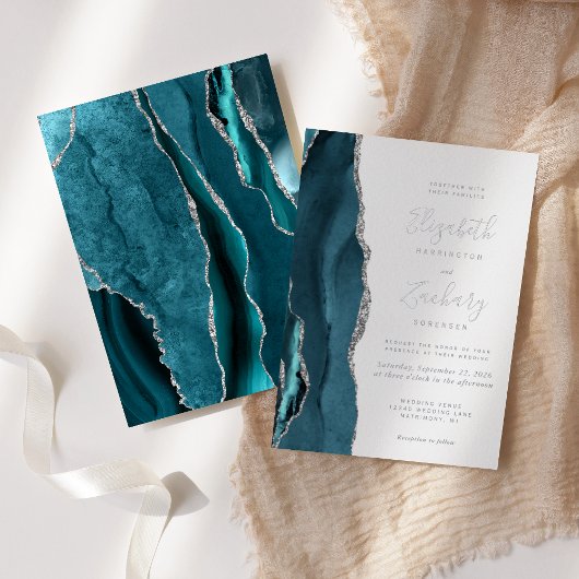 Invitation En Aluminium Mariage moderne à l'agate bleu sarcelle et argent