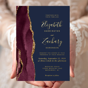 Invitation En Aluminium Mariage Moderne Agate Bordeaux Rouge Or Navy