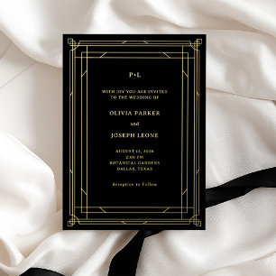 Invitation En Aluminium Mariage Moderne Art Déco Noir et Or