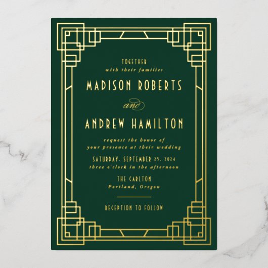 Invitation En Aluminium Mariage moderne Art déco Vert et or (Recto)