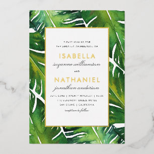 Invitation En Aluminium Mariage Moderne aux Feuilles Tropicales Vertes