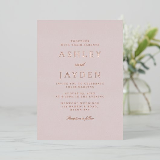 Invitation En Aluminium Mariage Moderne avec Dorure Rose et Blush (Debout devant)