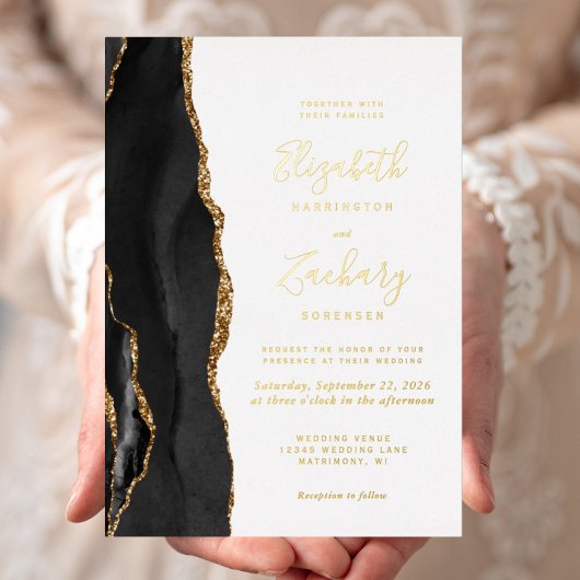 Invitation En Aluminium Mariage moderne Black Gold Agate