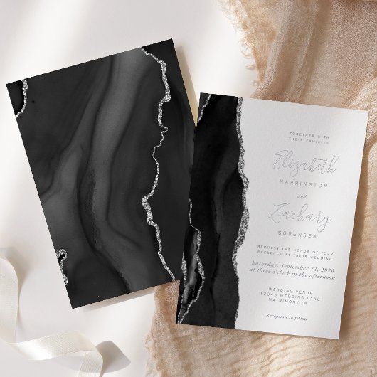 Invitation En Aluminium Mariage moderne Black Silver Agate