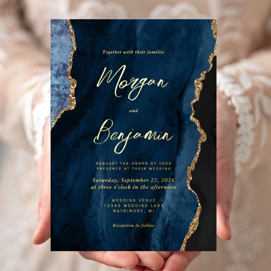 Invitation En Aluminium Mariage Moderne Bleu Nuit Agate Chic Or Script