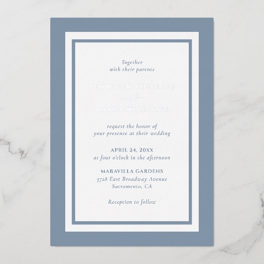 Invitation En Aluminium Mariage Moderne Bleu Poussiéreux Argent (Recto)