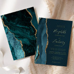 Invitation En Aluminium Mariage moderne Dark Turquoise Gold Agate<br><div class="desc">Le bord gauche de cette élégante faire-part de mariage moderne est doté d'une bordure turquoise en aquarelle bleue ornée d'une parties scintillant en faux or. Le texte personnalisable combine écriture manuscrite, copperplate et polices italiques en feuille d'or réelle sur un arrière - plan turquoise foncé. L'envers présente un design d'agate...</div>