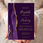 Invitation En Aluminium Mariage moderne Deep Purple Gold Agate<br><div class="desc">Le bord gauche de cette élégante faire-part de mariage moderne est orné d'une bordure d'aquarelle violette ornée d'une parties scintillant en faux or. Le texte personnalisable combine écriture manuscrite, copperplate et polices italiques en feuille d'or réelle sur un arrière - plan violet profond. L'envers est assorti d'une agate violette et...</div>