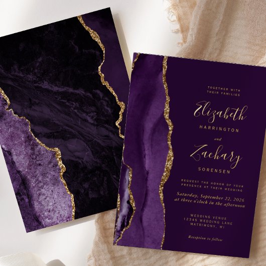 Invitation En Aluminium Mariage moderne Deep Purple Gold Agate