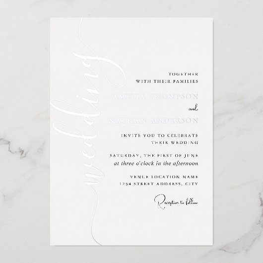Invitation En Aluminium Mariage Moderne Écriture Argentée (Recto)