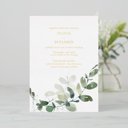 Invitation En Aluminium Mariage moderne Elégant Botanique Vert Eucalyptus (Debout devant)