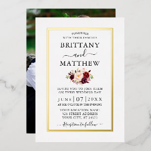 Invitation En Aluminium Mariage Moderne Élégant Bourguignon Floral Photo O
