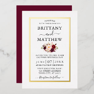 Invitation En Aluminium Mariage Moderne Élégant Floral Bourguignon Or