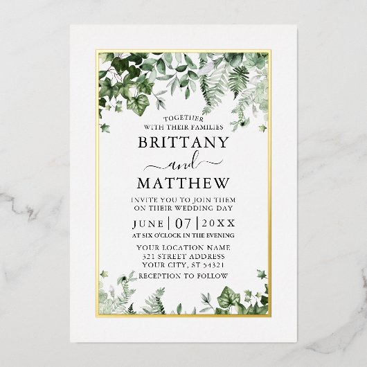 Invitation En Aluminium Mariage Moderne Élégant Ivy Sage Vert Or (Recto)