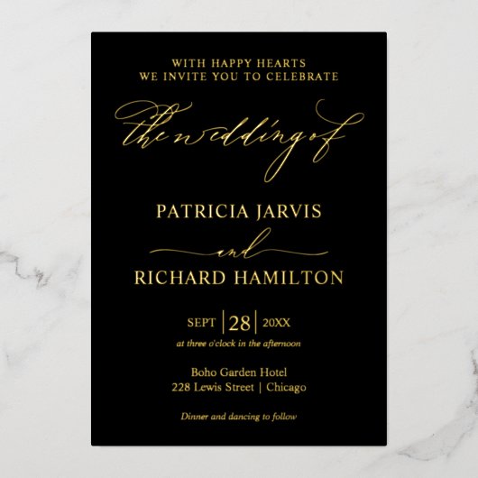 Invitation En Aluminium Mariage moderne élégant noir et or (Recto)