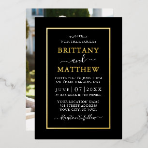 Invitation En Aluminium Mariage Moderne Élégant Photo Noir Blanc Or