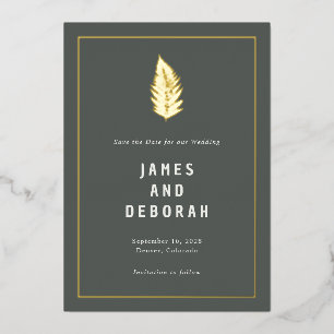 Invitation En Aluminium Mariage Moderne en Forêt avec Fougères Or Save the