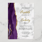 Invitation En Aluminium Mariage moderne en marbre doré violet (Recto)