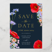 Invitation En Aluminium Mariage Moderne Fleur de Champ Or Bleu (Recto)