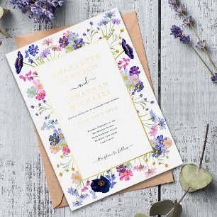 Invitation En Aluminium Mariage Moderne Fleur Sauvage Aquarelle Bleu Or