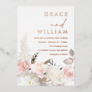 Invitation En Aluminium Mariage Moderne Fleurs Roses & Blanches Or Rose