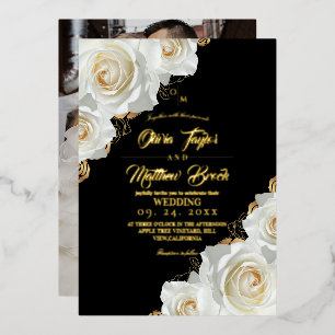Invitation En Aluminium Mariage Moderne Fleurs Roses Ivory Feuille D'Or No