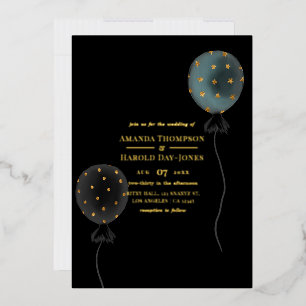 Invitation En Aluminium Mariage Moderne Glamour Noir & Or à Ballons