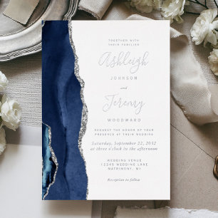 Invitation En Aluminium Mariage moderne Marine Blue Silver Agate
