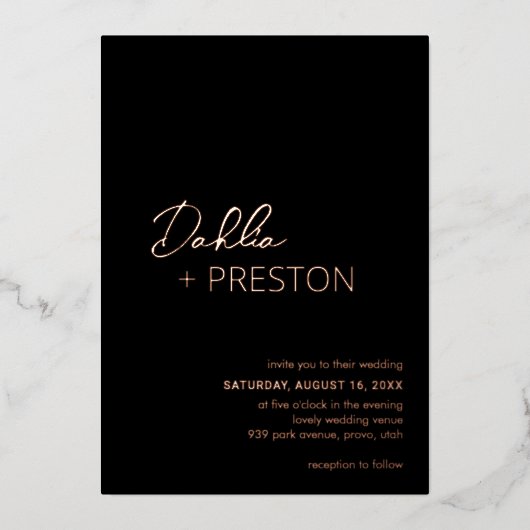 Invitation En Aluminium Mariage moderne noir minimal (Recto)