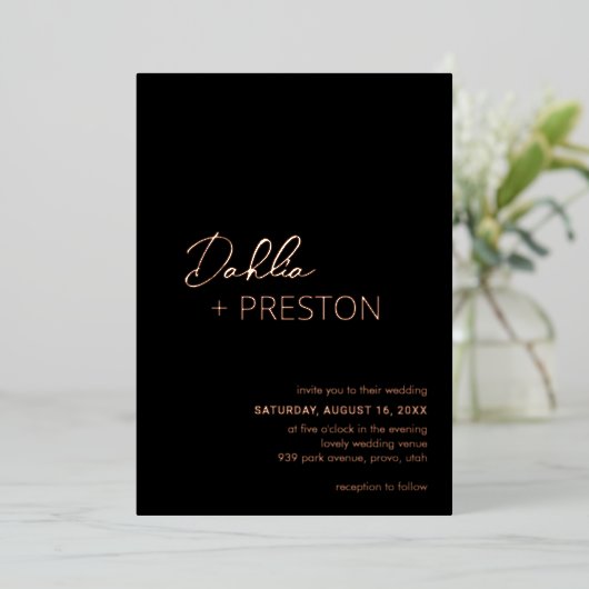 Invitation En Aluminium Mariage moderne noir minimal (Debout devant)