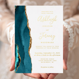 Invitation En Aluminium Mariage Moderne Or Bleu Turquoise Agate