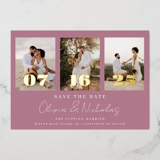 Invitation En Aluminium Mariage Moderne Photo Collage Mauve Enregistrer La (Recto)