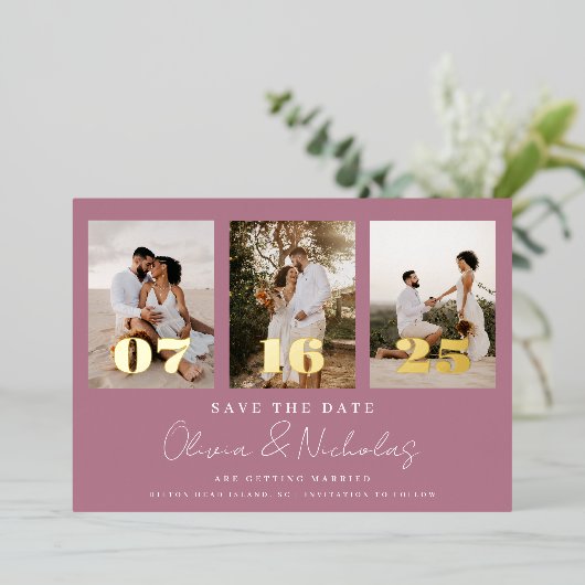 Invitation En Aluminium Mariage Moderne Photo Collage Mauve Enregistrer La (Debout devant)