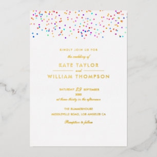 Invitation En Aluminium Mariage Moderne Photo Confetti Arc-en-ciel Or
