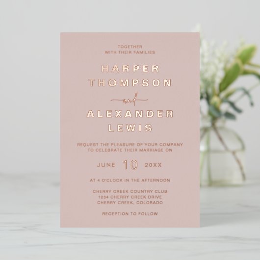 Invitation En Aluminium Mariage moderne Rose or (Debout devant)