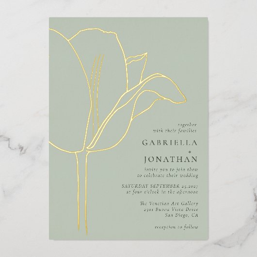 Invitation En Aluminium Mariage moderne Sage Green Gold Tulip (Recto)