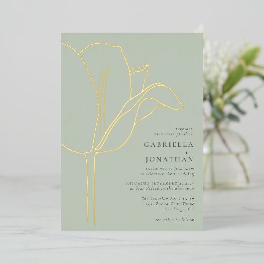 Invitation En Aluminium Mariage moderne Sage Green Gold Tulip (Debout devant)