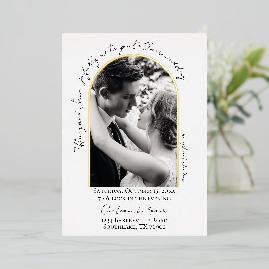 Invitation En Aluminium Mariage Moderne Script Arch Trim Photo Real (Debout devant)