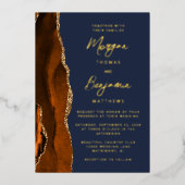 Invitation En Aluminium Mariage Moderne Script Bleu Marine Agate Orange Br (Recto)