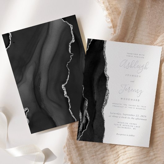 Invitation En Aluminium Mariage moderne Silver Black Agate