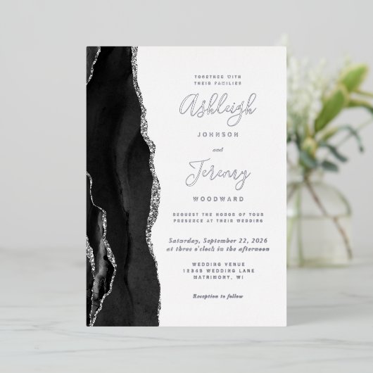 Invitation En Aluminium Mariage moderne Silver Black Agate (Debout devant)