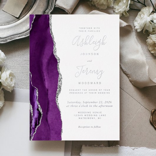 Invitation En Aluminium Mariage moderne Silver Purple Agate