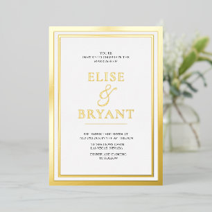 Invitation En Aluminium Mariage Moderne Simple Blanc & Feuille D'Or